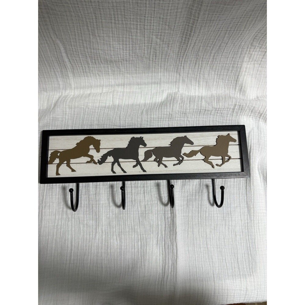 Horse Wood Wall Hanging Rack 4Hook Brown Western Cowboy Hat Coat Rack